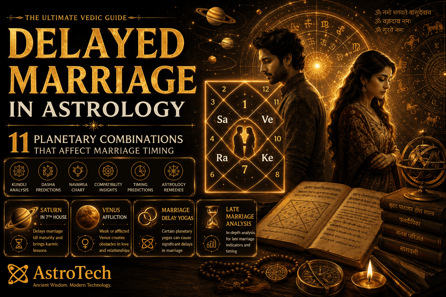 Premium Vedic astrology infographic thumbnail showing delayed marriage in astrology with kundli chart, zodiac wheel, Saturn, Venus, Rahu, Ketu influences, and futuristic astrology dashboard visuals.