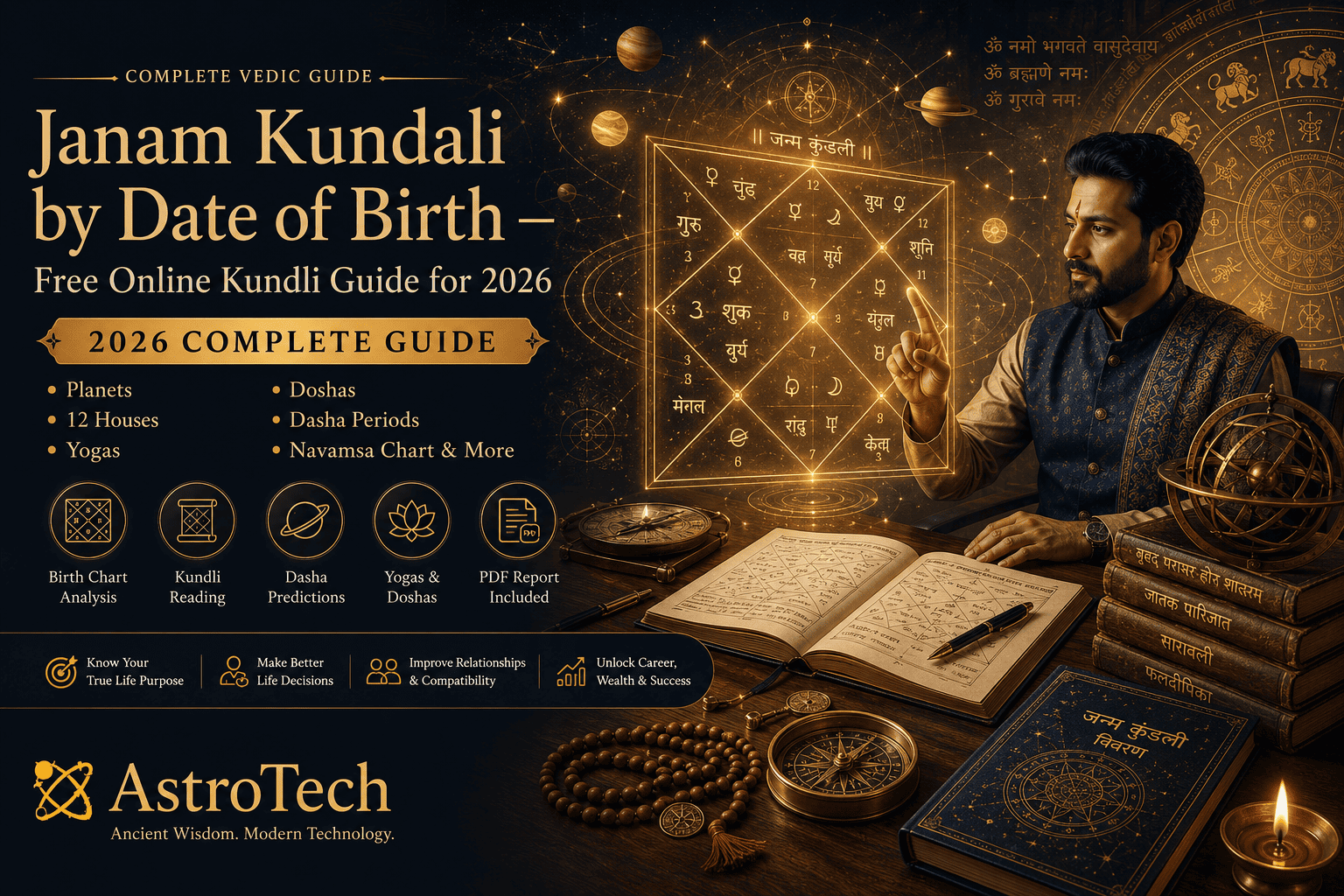 Luxury Vedic astrology Janam Kundali by Date of Birth guide for 2026 featuring Indian astrologer analyzing holographic birth chart with planets, houses, yogas and doshas.
